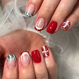 24pcs Christmas Square False Nails Gilded Lines White Short Ballet Press on Nails Tips Reusable Snowflake Pearl Design Fake Nail