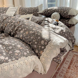 3/4Pcs Korean Princess Style Floral 100% Cotton Bedding Set Vintage French Lace Duvet Cover Bed Sheet Fitted Sheet Pillowcases