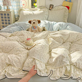 Princess Style Cartoon Floral Ruffles Bedding Set Washed Cotton Duvet Cover Bed Sheet Pillowcases Single Full Queen Size 3/4Pcs