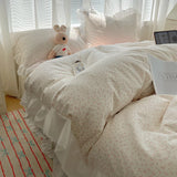 100% Cotton Korean Princess Style Rose Floral Lace Ruffles Bedding Set Duvet Cover Set Flat/Fitted Bed Sheet Pillowcases 4Pcs