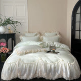 4Pcs Pink Chiffon Lace Princess Wedding Bedding Set Luxury 100% Cotton Duvet Cover Bed Sheet Or Quilted Bedspread Pillowcases