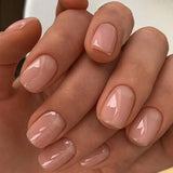 24Pcs Nude Pink Nail Tips Short Round Head False Nails with Design Wearable Finished Fake Nails Full Cover Press on Nails