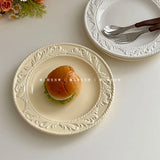 French Style Relief Dining Plates Household Solid Color Bread Plates Simple Ceramic Tableware Nordic Restaurant Dessert Disc