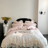 4Pcs Pink Romantic Lace Ruffles Princess Wedding Bedding Set 100% Cotton Duvet Cover Bed Sheet Or Quilted Bedspread Pillowcases