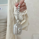 Ribbon Bow Pearl Decoration Case For AirPods 1 2 3 4 Pro 2nd Pro2 Wirelsss Headphones Protective Cover AirPods4 Silver Pendant