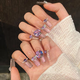 10pcs Pink Purple Gradient Handmade Press On Nails French Cat's Eye Diamond False Nails Fashion Almond Blush Gentle Fake Nails