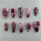 24pcs Flower Butterfly Design False Nails Art Summer Sweet Colorful Smudge Almond Full Cover Nail Rhinestone Press on Fake Nails