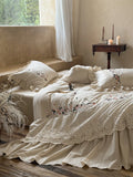 Vintage French Large Lace Ruffles Floral Embroidery Linen Cotton Bedding Set Duvet Cover Flat/Fitted Bed Sheet Pillowcases 4Pcs