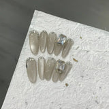 10Pcs Handmade Long False Nails with Glue Press On Nails Full Cover Glitter Almond Heart Rhinestone Manicure Wearable Nail Tips