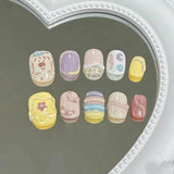 10pcs Sweet Cool Y2K Style Press on Nails 3D Cartoon Fake Nail Bow Heart Hand Painted False Nails Short Colorful Almond Nail Art