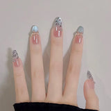10Pcs Sweet  Almond Press on Nails Blue French Gradient Cat Eye False Nails Pink Bow Pearl Rhinestone Fake Nails for Daily Party