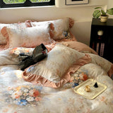 100% Cotton Korean Princess Style Flower Print Ruffles Bedding Set Queen Size Duvet Cover Flat/Fitted Bed Sheet Pillowcases 4Pcs