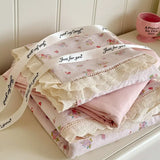 Korean Style Girly Heart Floral Double Layer Gauze Four-Piece Set Princess Style Lace Trim Quilt Cover Bed Sheet Dormitory