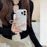 Simple white bow phone case stand holder cover for iphone 13 15promax 13pro 15 pro max 11 14 12  ins transparent bracelet capa