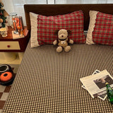 INS Girls Retro Red Grid Bedding Sets 2025 New Lace Bed Sheet Set Women Plaid Queen Size Duvet Cover Sets With Pillowcases