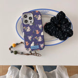 Ins floral cat cute leather cover for iphone 15pro 16Pro 14promax 13promax 14 13 15 16 pro max colorful chain rope phone case