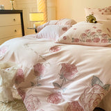 Pink Vintage Rose Flowers Embroidery 100% Cotton Bedding Set Single Queen King Duvet Cover Bed Sheet/Fitted Sheet Pillowcases