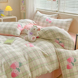 3pcs Simple Line Design Duvet Cover Set Cartoon Strawberry Print Bedding with 2 Pillowcases Skin-friendly Washable Quilt Cover