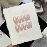 10Pcs Handmade Press on Nails Full Cover Glitter Blush Cat Eye Art French Rhinestone Design Almond False Nails Wearable Manicure