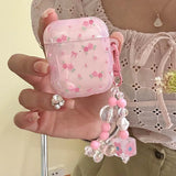 Cute Pink Flower Pattern Headphones Case For Airpods 4 Pro 2nd 3rd Generation Soft Cover For AirPods 1 2 3 With Pearl Keychain