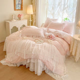 Double Layer Lace Ruffles Princess Wedding Bedding Set 100S Egyptian Cotton Duvet Cover Quilted Bedspread Bed Skirt Pillowcases