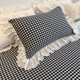 4/6Pcs Black&white Plaid 100% Cotton Bedding Set Romantic Lace Ruffles Washed Cotton Duvet Cover Bed Skirt Bedspread Pillowcases