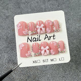 10pcs Sweet Nude Pink Handmade Press on Nails Art Bow Design Short Square Fake Nail Tips Flower Diamond Design French False Nail