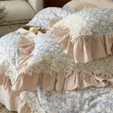 Vintage Floral 100% Cotton Double Gauze Soft Bedding Set Duvet Cover with Crochet Lace & Ruffle Trim, Bed Sheet Pillowcases 4Pcs