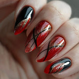 24pcs Black Irregular Stripes French False Nail with Glue Almond Glitter Red Press on Nail Wearable Full Cover Manicure Nail Tip