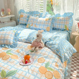 Pink Korean Princess Bedding Set No Filling Cute Strawberry Duvet Cover Checkerboard Single Queen Size Bed Linen Pillowcases