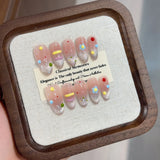 10Pcs Sweet  Almond Press on Nails Blue French Gradient Cat Eye False Nails Pink Bow Pearl Rhinestone Fake Nails for Daily Party