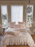 1200TC Egyptian Cotton Lace Ruffles Princess Wedding Style Pink Bedding Set Duvet Cover Flat/Fitted Bed Sheet Pillowcases 4Pcs