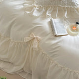 4Pcs Lace Ruffles Bow Wedding Bedding Set Pure Cotton Duvet Cover Set Double Layer Lace Quilted Bedspread Bed Sheet Pillowcases