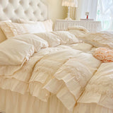 Vintage French Hollow Lace Ruffles 100% Cotton Princess Wedding Bedding Set Duvet Cover Set Bed Skirt Bedspread Pillowcases 4Pcs