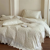 Vintage French Lace Edge Flowers Print Bedding Set 100% Cotton Double Yarn Duvet Cover Flat/Fitted Bed Sheet Pillowcases 4Pcs