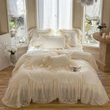 1200TC Egyptian Cotton Romantic French Lace Ruffles Princess Wedding Bedding Set Duvet Cover Quilted Bedspread Pillowcases 4Pcs