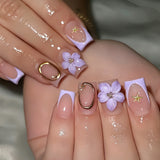 Square Press on Nails Full Cover Carved Flower 3D Nails Press on 3D Ripples French Fake Nails with Golden Pearl False Nails 24Pc