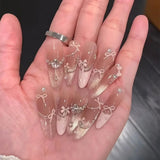 10pcs French Bowknot Fake Nails Glitter Diamond Stick on Nails Long Stiletto False Nails Mini Flowers Nail Tip Cat Eye Nail Art