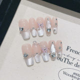 10Pcs Pink Handmade Press on Nails Butterfly Rhinestone Design Full Cover False Nails Cat Eye French Ballerina Wearable Manicure