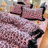 Leopard Print Beding Set Dreamy Color Purple Black Lace Design Wrinkled Cotton double-layer Gauze King Queen Size for Bedroom De