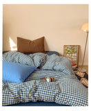 Retro Blue Cotton Quilt Cover Set Waed Plaid Bedding Four-Piece Set Pure Cotton eet Duvet Cover Bedding Accories