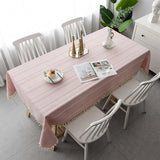Tassel Tablecloth Pink Cotton Linen Soft Stripe Stain Resistant Dust-Proof Table Cover for Kitchen Dinning Tabletop Decoration