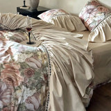 Romantic Vintage Bedding Set, Oil Painting Style, Flowers, Big Ruffles, Egyptian Cotton Duvet Cover Set, Bed Sheet, Pillowcases
