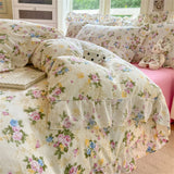 Flower Skin-friendly Washed Cotton Bedding Set Duvet Cover Set Korean Lace Ruffles Quilt Cover Soft Cover Bed Linen Pillowcases