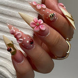 Blue Gradient French Press on False Nail with Glue 3D Sweet Flower Ripple Medium Square Fake Nails Fashionable Fake Nails 24Pcs