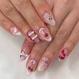 24pcs Pink Almond False Nail Art Datachable Cute Cherry Bow Design Nails Sets Press on Mid-length French Fake Nails Tip Finished