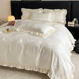 Beige Jacquard Satin Cotton Bedding Sets Luxury Lace Embroidery Duvet Cover Flat or Fitted Bed Sheet Pillowcases Home Textile