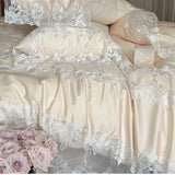 Romantic White Flowers Lace Princess Wedding Bedding Set 100S Egyptian Cotton Duvet Cover Flat/Fitted Bed Sheet Pillowcases 4Pcs