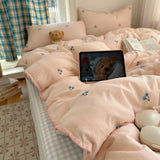 3/4PCS Ins Peach Bedding Set Grey Grid Cherry Embroidery Shell Seam Edge Double-layer Yarn Super Soft Comfortable Bedroom Decor