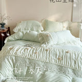 Korean Princess Style Lace Ruffles Wedding Bedding Set Soft Rose Flowers Four-Piece Set Duvet Cover Bed Sheet Pillowcase 4Pcs